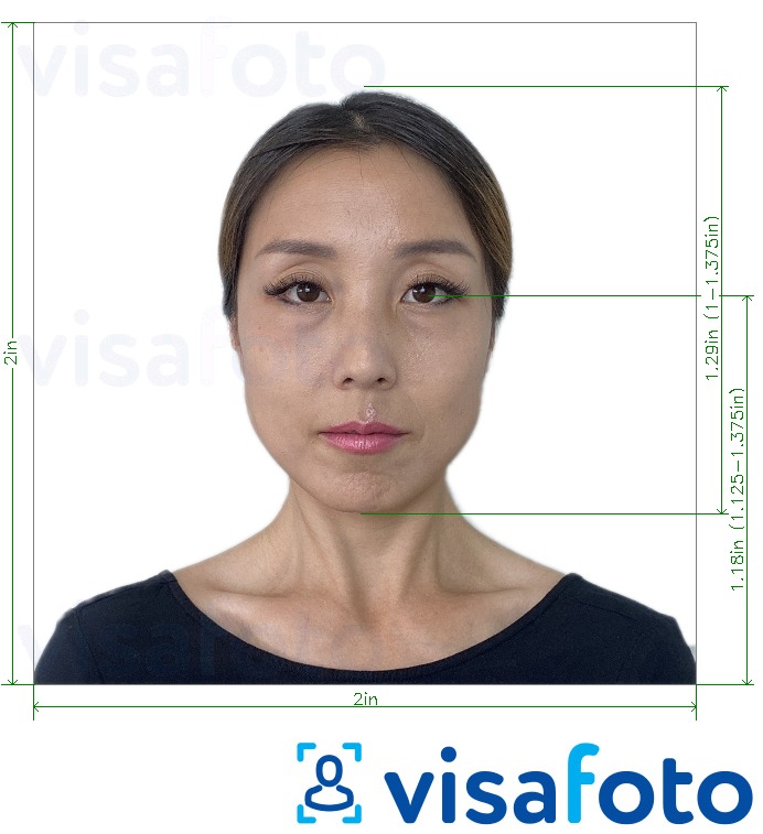 Voorbeeld van foto voor Cambodja visum 2x2 inch van de VS met exacte maatspecificatie