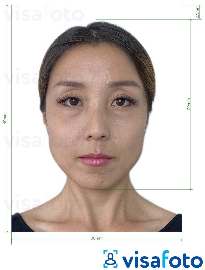 Voorbeeld van foto voor Mongolië visum 3x4 cm (30x40 mm) met exacte maatspecificatie