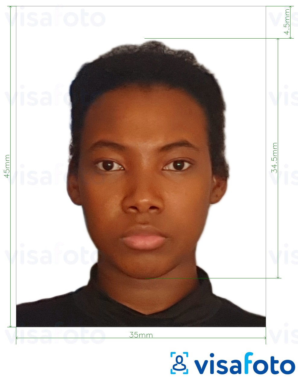 Voorbeeld van foto voor Nigeria paspoort 35x45 mm met exacte maatspecificatie