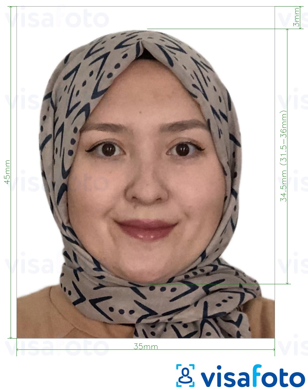 Voorbeeld van foto voor Afghaans visum 35x45 mm (3,5x4,5 cm) met exacte maatspecificatie