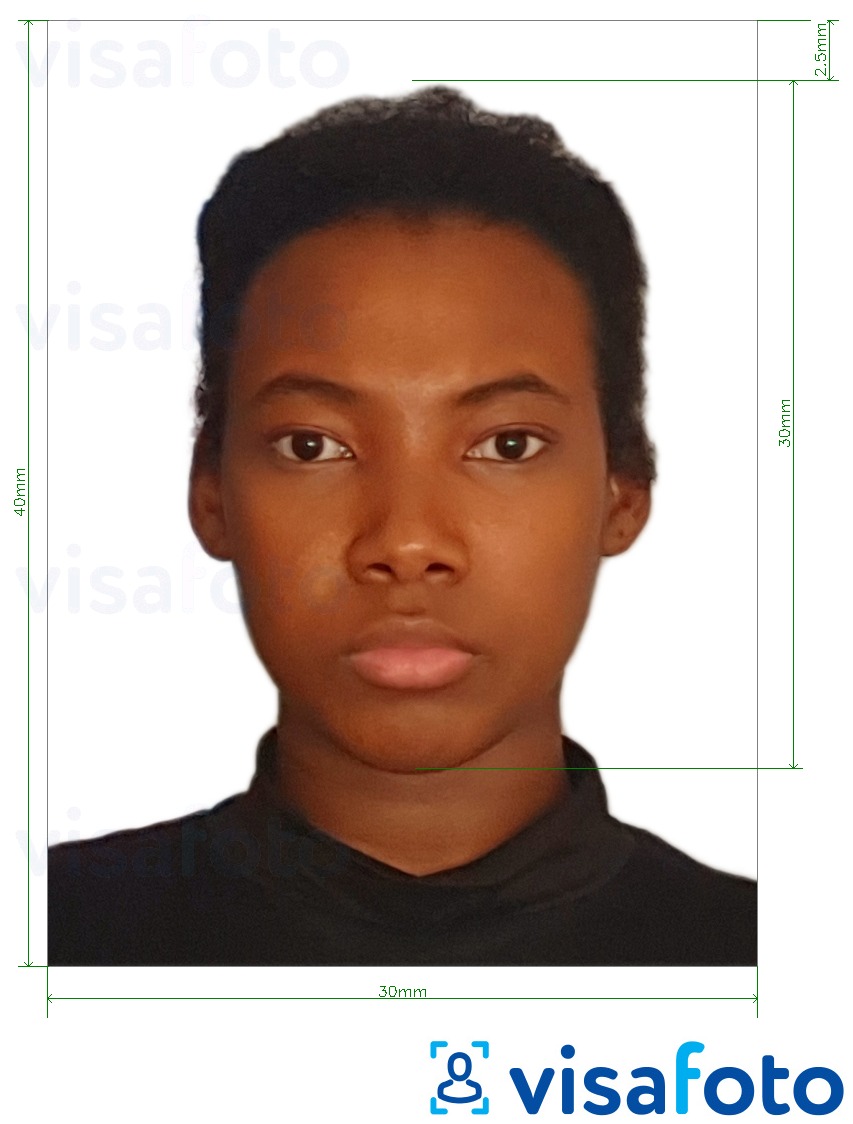 Voorbeeld van foto voor Angola visum 3x4 cm (30x40 mm) met exacte maatspecificatie