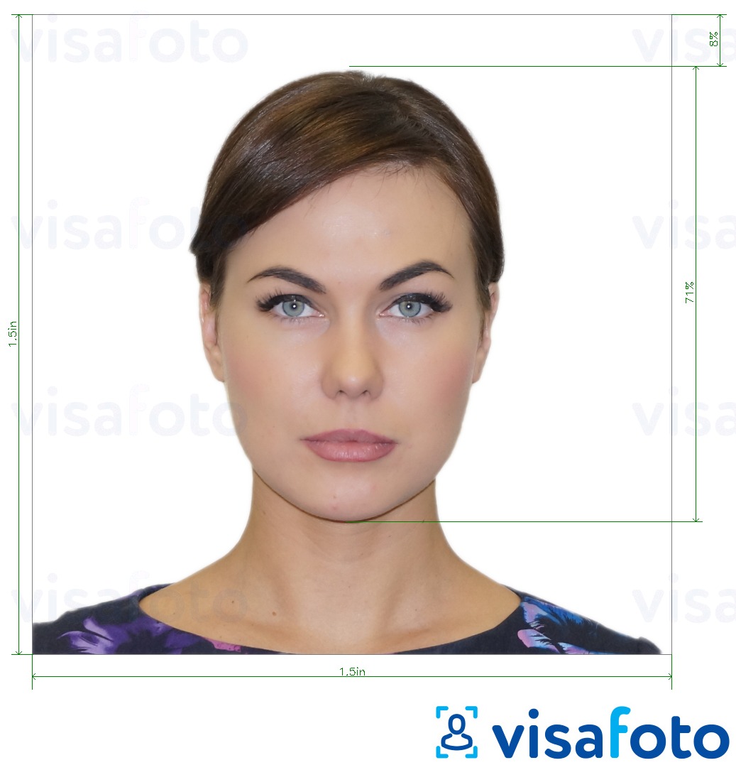 Voorbeeld van foto voor Argentijns paspoort in VS 1,5x1,5 inch met exacte maatspecificatie