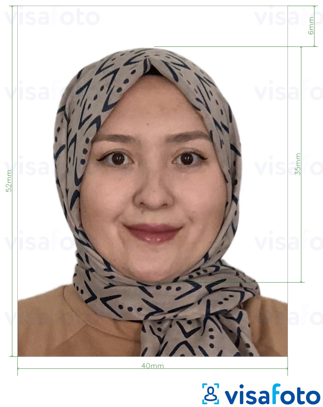 Voorbeeld van foto voor Brunei paspoort 5.2x4 cm (52x40 mm) met exacte maatspecificatie