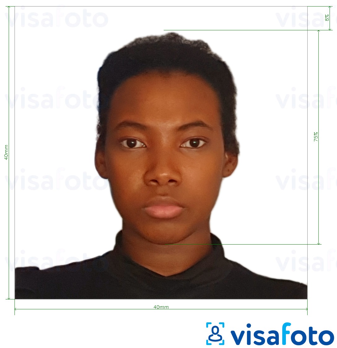 Voorbeeld van foto voor Kameroen paspoort 4x4 cm (40x40 mm) met exacte maatspecificatie
