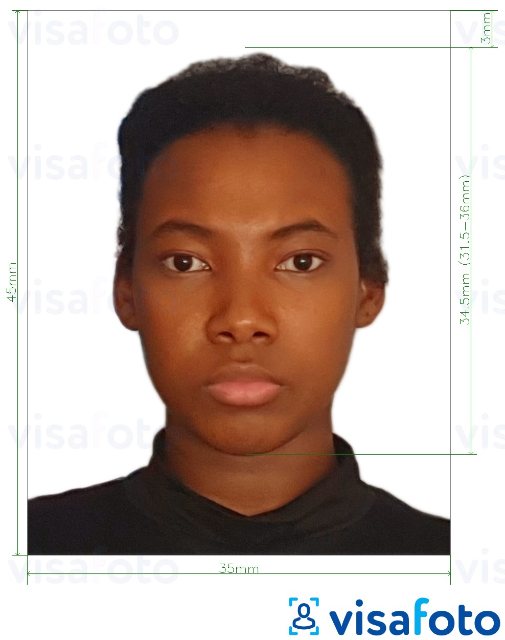 Voorbeeld van foto voor Guyana paspoort 45x35 mm (1,77 x 1,38 inch) met exacte maatspecificatie