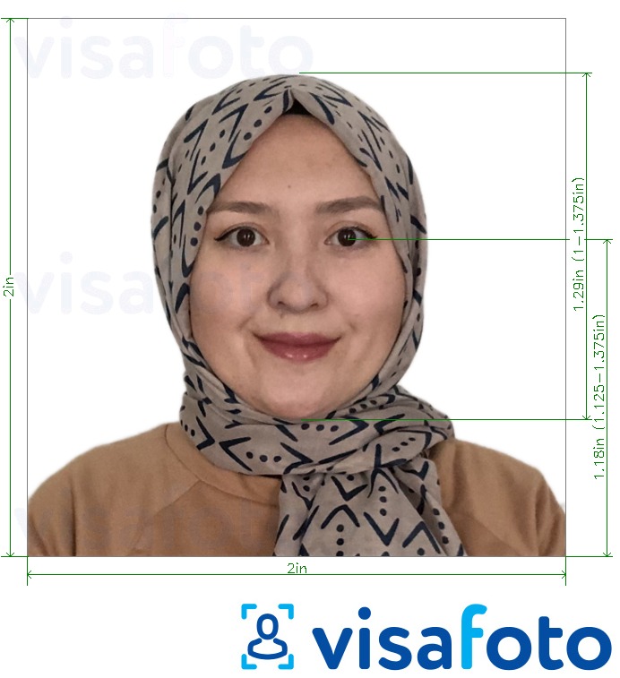 Voorbeeld van foto voor Indonesië paspoort 51x51 mm (2x2 inch) witte achtergrond met exacte maatspecificatie