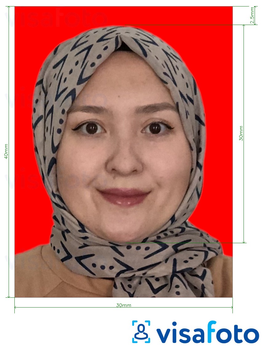 Voorbeeld van foto voor Indonesisch visum 3x4 cm (30x40 mm) online rode achtergrond met exacte maatspecificatie