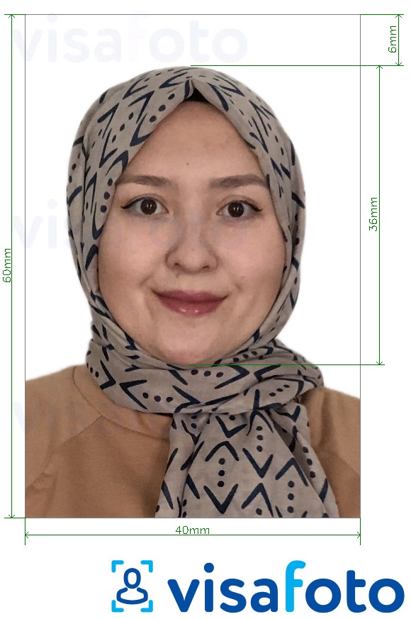 Voorbeeld van foto voor Indonesië visum 40x60 mm met exacte maatspecificatie