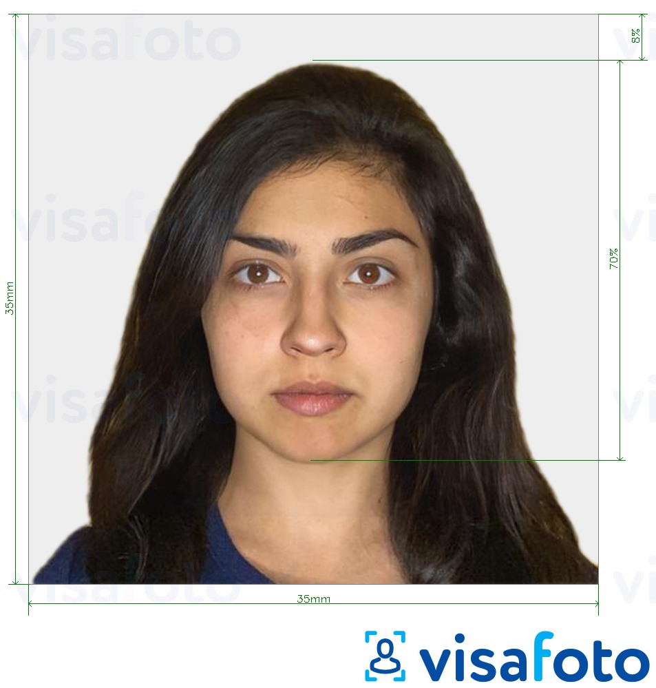 Voorbeeld van foto voor India paspoort 35x35 mm met exacte maatspecificatie