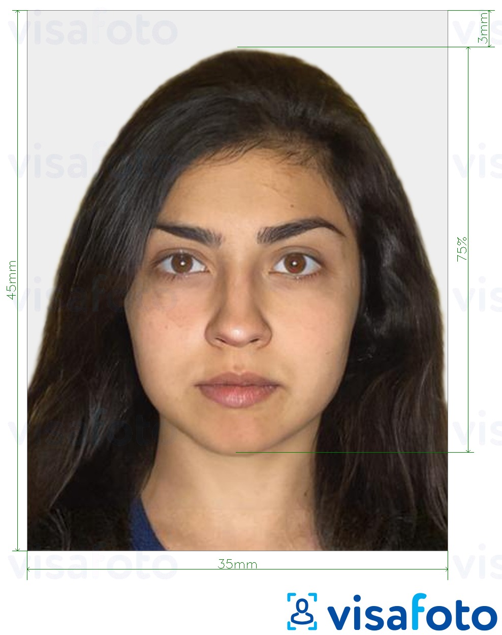 Voorbeeld van foto voor India paspoort 35x45 mm met exacte maatspecificatie