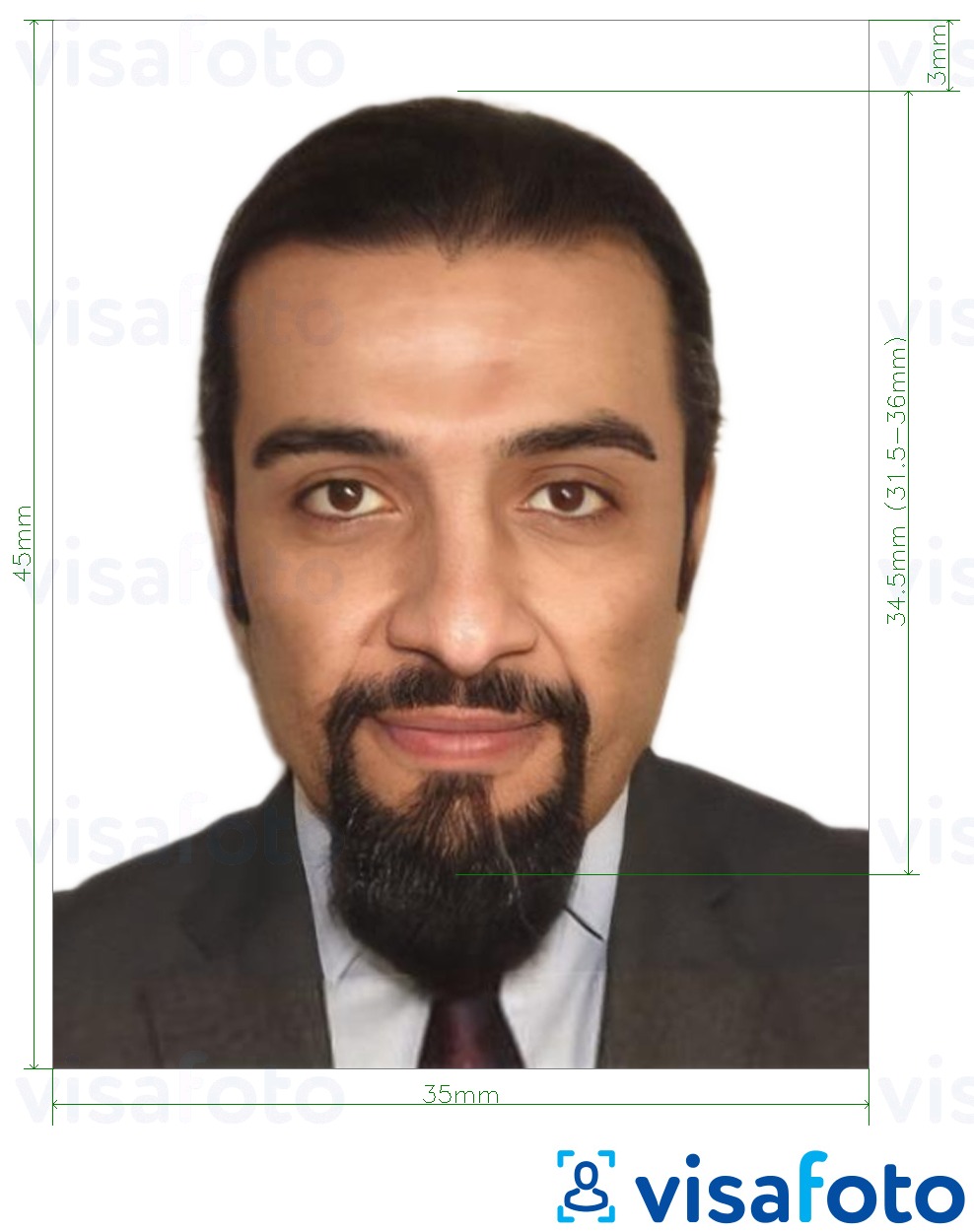 Voorbeeld van foto voor Irak paspoort 35x45 mm (3.5x4.5 cm) met exacte maatspecificatie