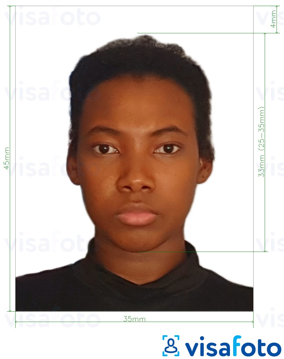Voorbeeld van foto voor Jamaica paspoort 35x45 mm (3.5x4.5 cm) met exacte maatspecificatie