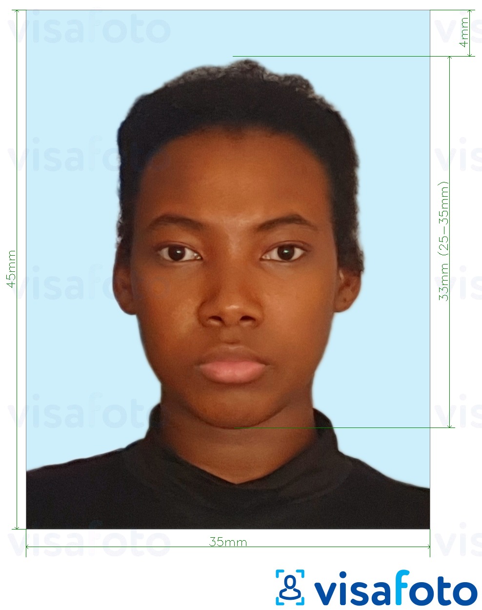 Voorbeeld van foto voor Jamaica-paspoort 35x45 mm lichtblauwe achtergrond met exacte maatspecificatie
