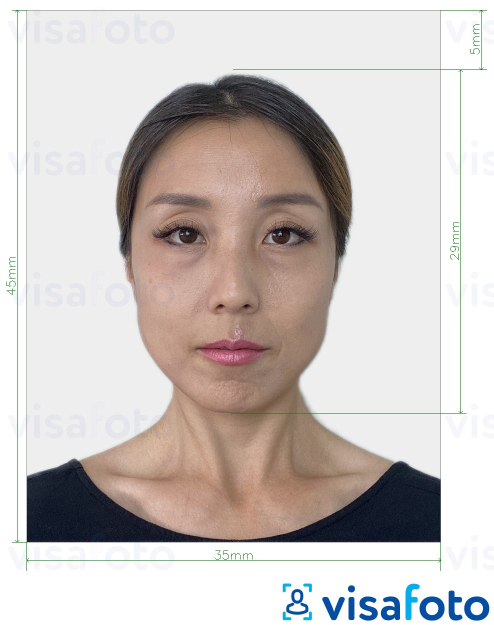 Voorbeeld van foto voor Japan e-visum 35x45 mm met exacte maatspecificatie