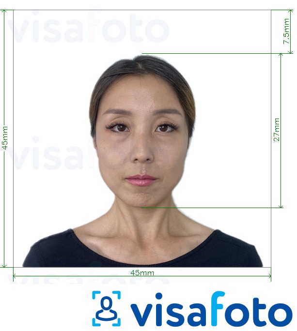 Voorbeeld van foto voor Japan Visa 45x45mm, kop 27 mm. met exacte maatspecificatie