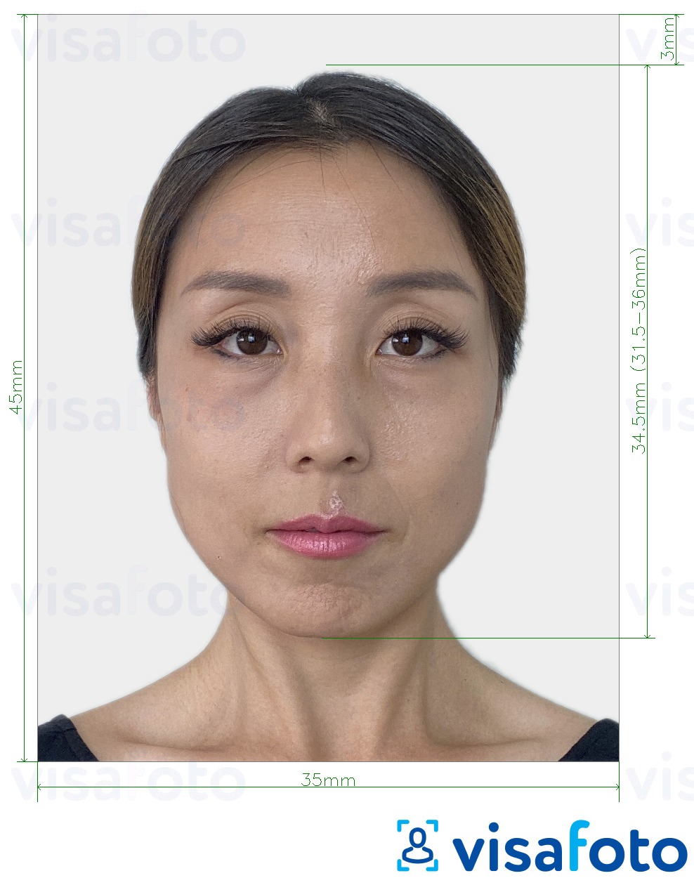 Voorbeeld van foto voor Japan visum 35x45 mm met exacte maatspecificatie