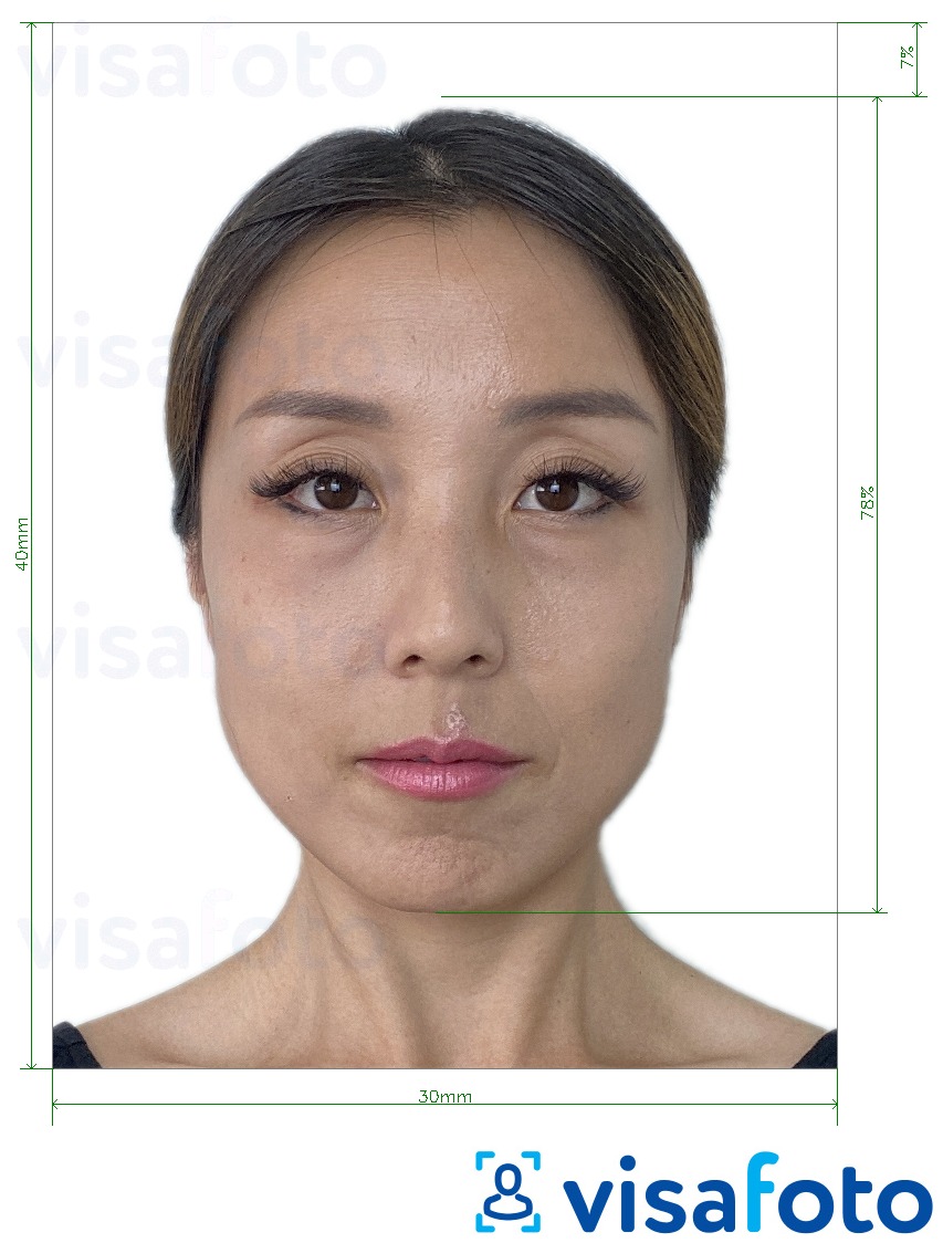 Voorbeeld van foto voor Zuid-Korea Vreemdelingenregistratie 3x4 cm (30x40 mm) met exacte maatspecificatie