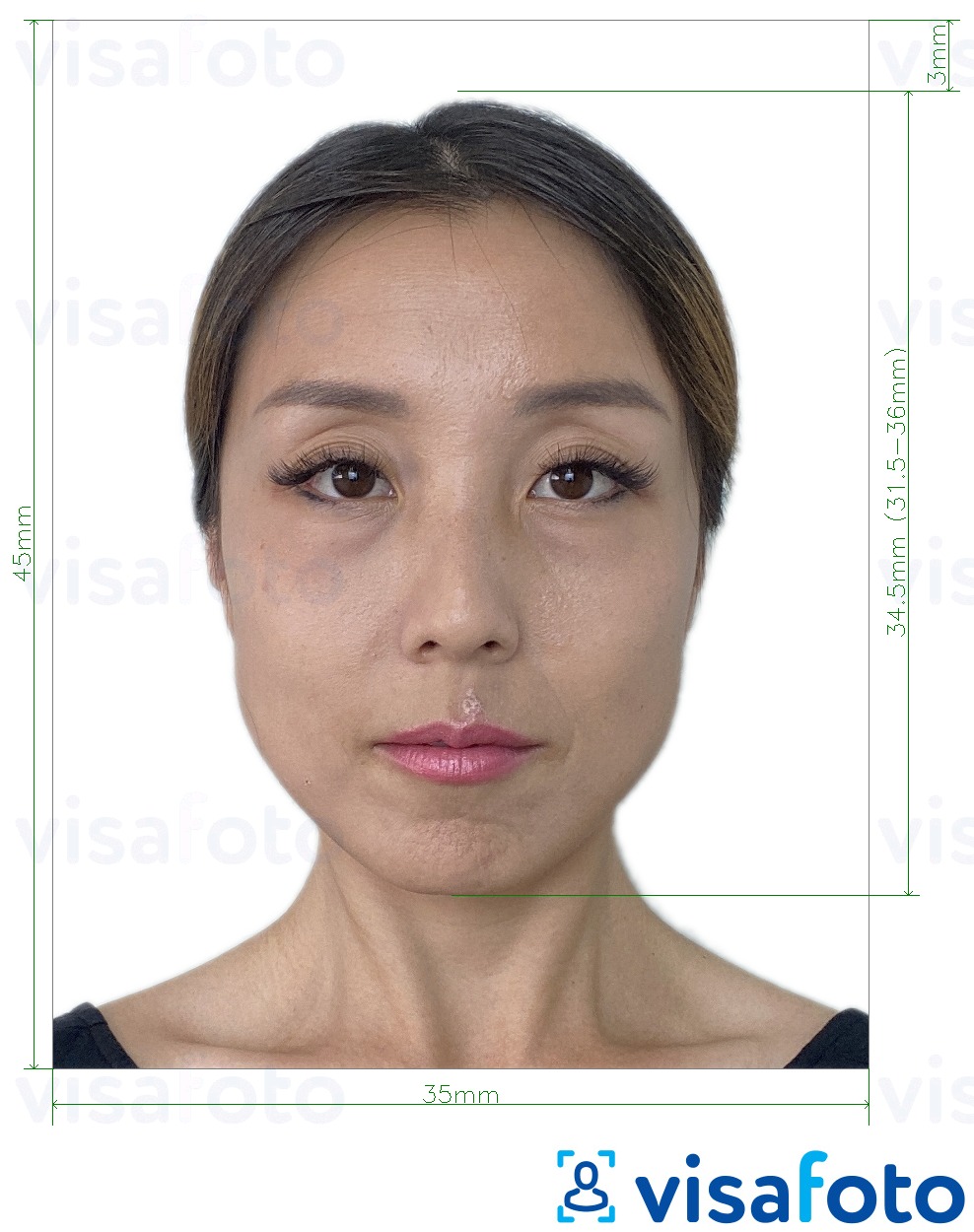 Voorbeeld van foto voor Zuid-Korea registratiekaart 35x45 mm met exacte maatspecificatie