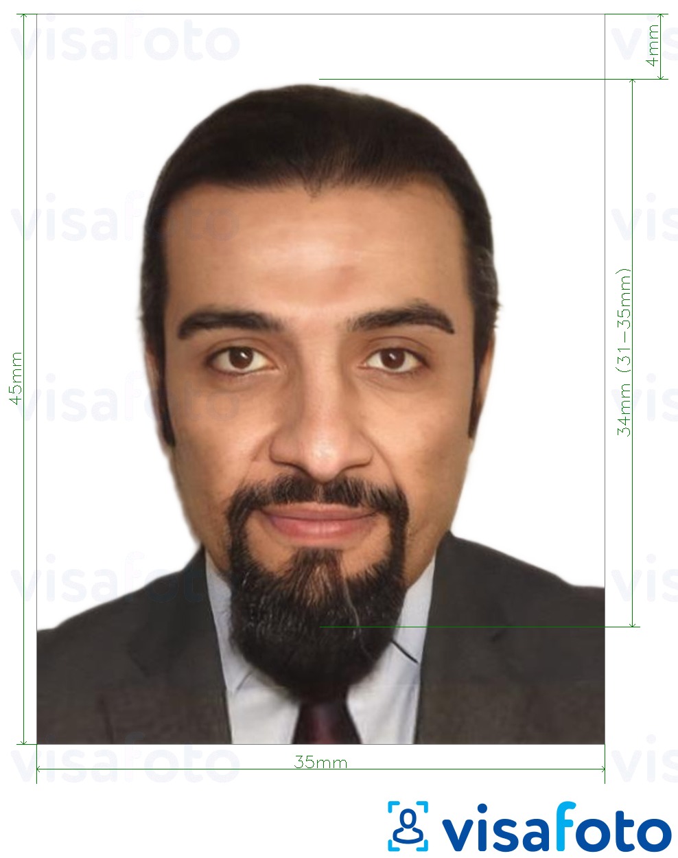 Voorbeeld van foto voor Koeweit visum 35x45 mm met exacte maatspecificatie