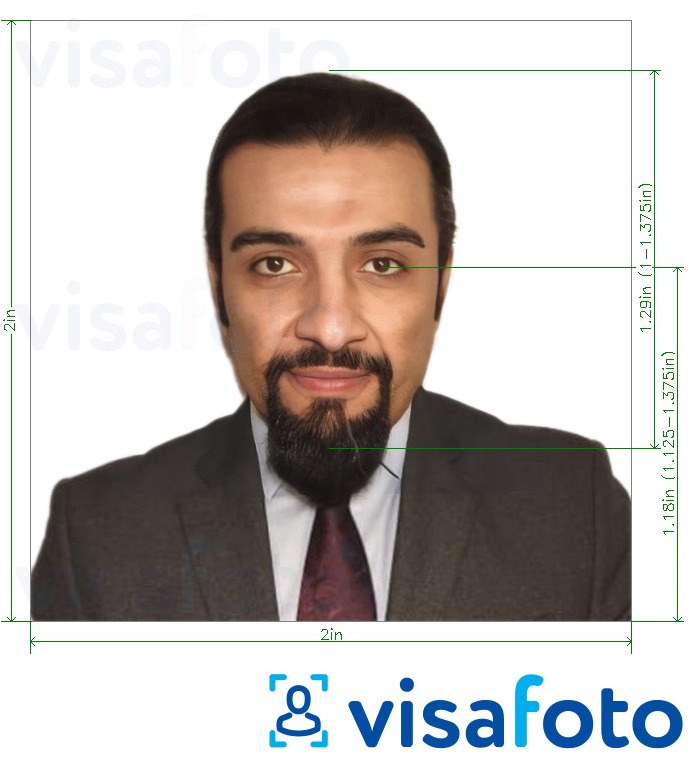 Voorbeeld van foto voor Koeweit visum 51x51 mm (5x5 cm, 2x2 inch) met exacte maatspecificatie
