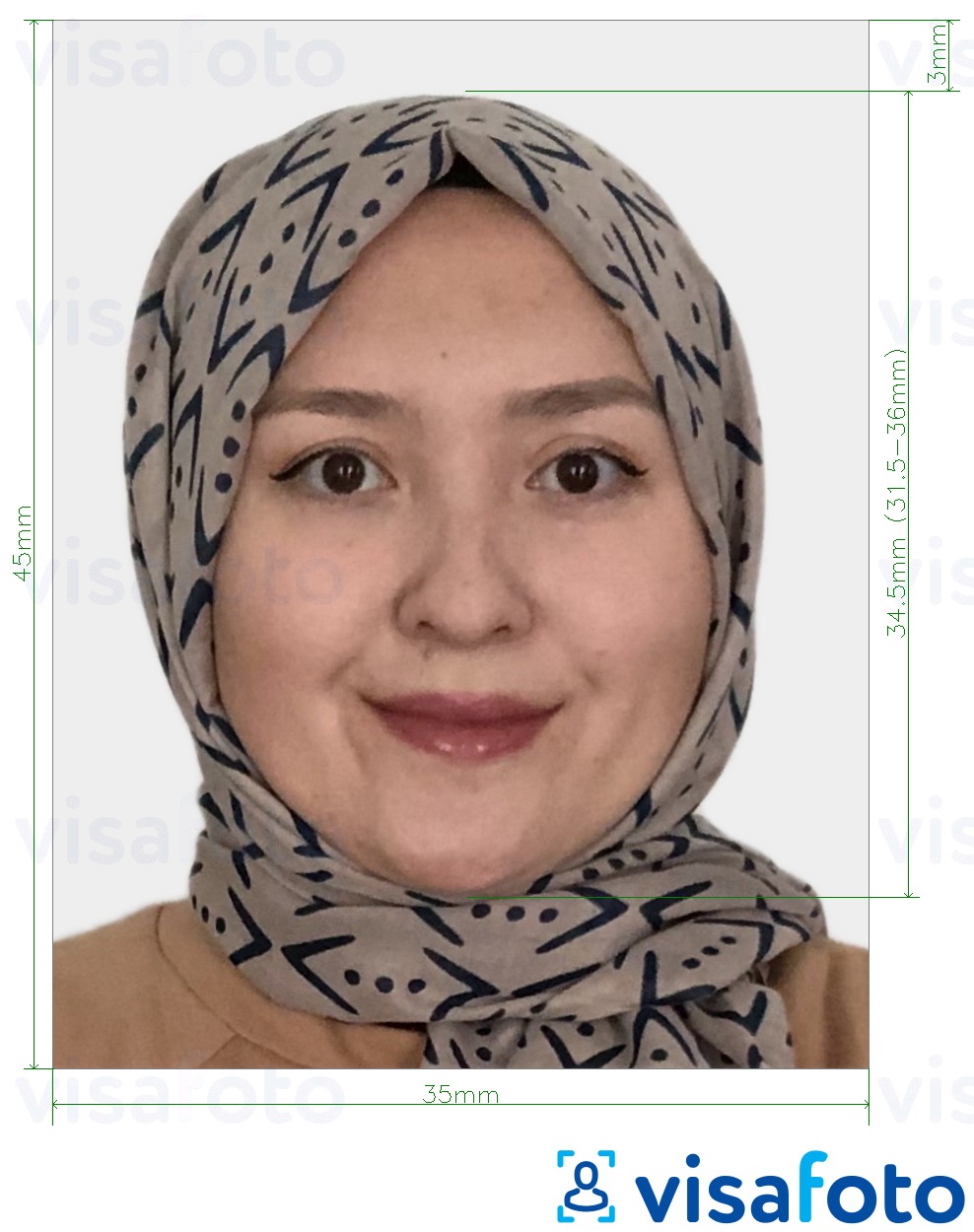 Voorbeeld van foto voor Kazachstan Visa 35x45 mm (3,5x4,5 cm) met exacte maatspecificatie