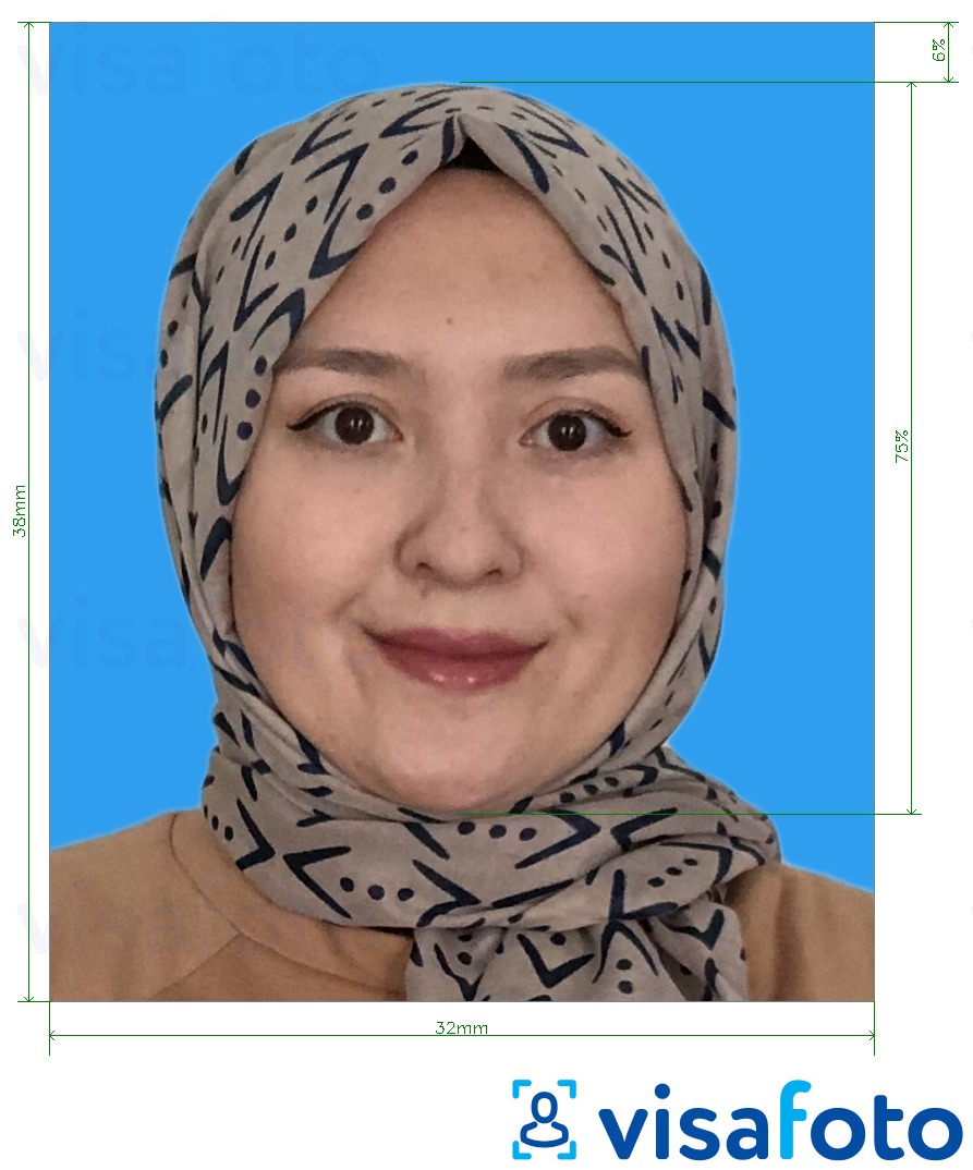 Voorbeeld van foto voor Maleisië huwelijksregistratie 32x38 mm met exacte maatspecificatie