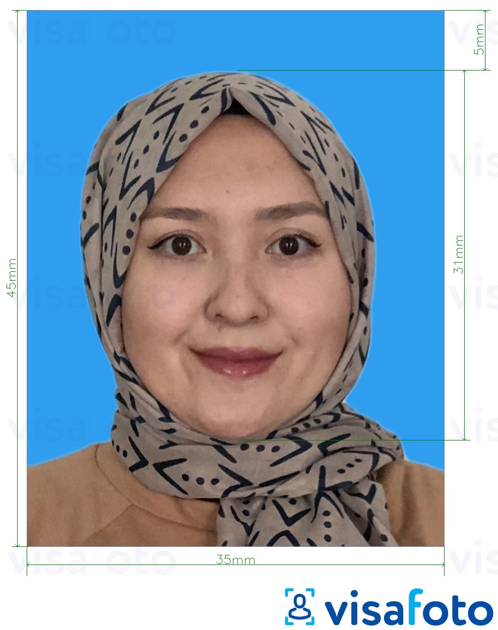 Voorbeeld van foto voor Maleisië Visa 35x45 mm blauwe achtergrondblauwe achtergrond met exacte maatspecificatie