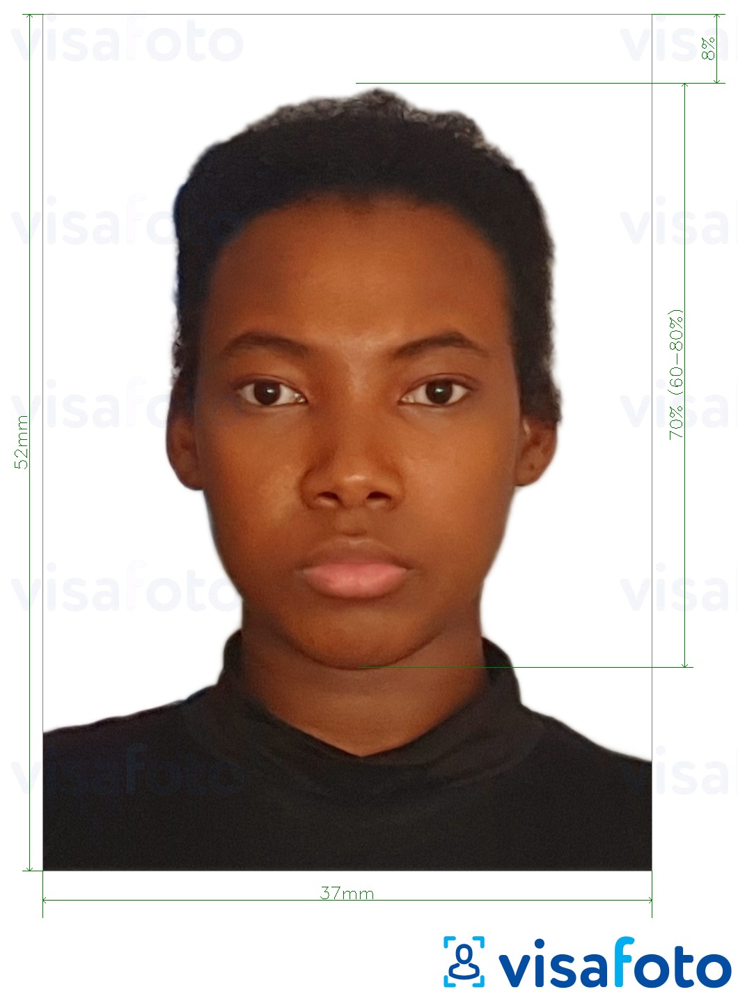 Voorbeeld van foto voor Namibië paspoort 37x52mm (3,7x5,2 cm) met exacte maatspecificatie