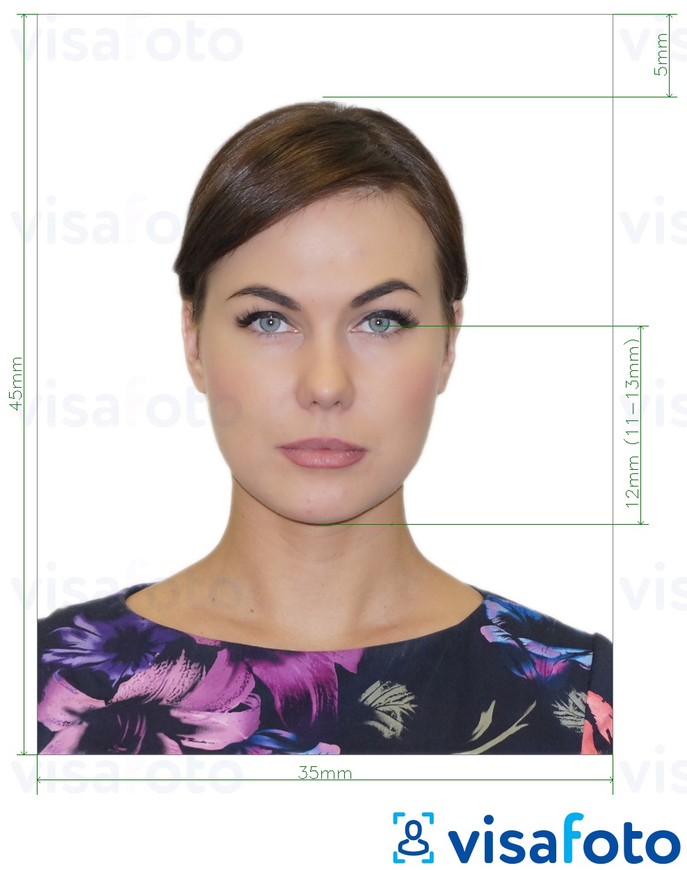Voorbeeld van foto voor Rusland Paspoort (ogen tot onderzijde kin 12 mm), 35x45 mm met exacte maatspecificatie