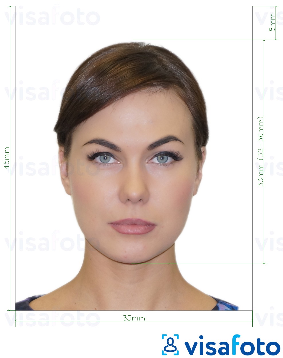 Voorbeeld van foto voor Rusland Internationaal paspoort Gosuslugi. ru, 35x45 mm. met exacte maatspecificatie