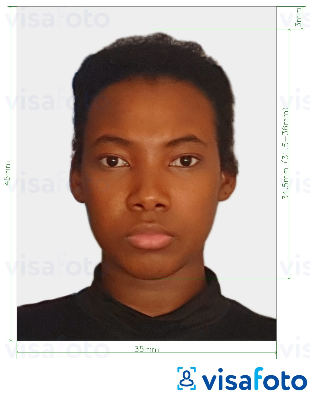 Voorbeeld van foto voor Surinaams paspoort 45x35 mm (1,77x1,37 inch) met exacte maatspecificatie