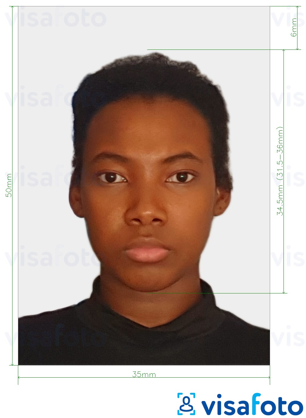 Voorbeeld van foto voor Surinaams paspoort 50x35 mm met exacte maatspecificatie
