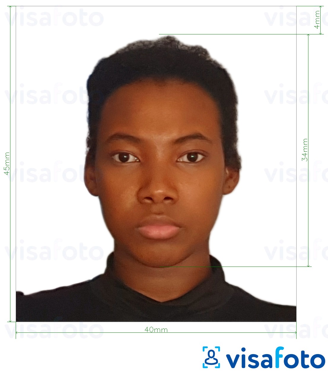 Voorbeeld van foto voor Tanzania paspoort 40x45 mm (4x4.5 cm) met exacte maatspecificatie