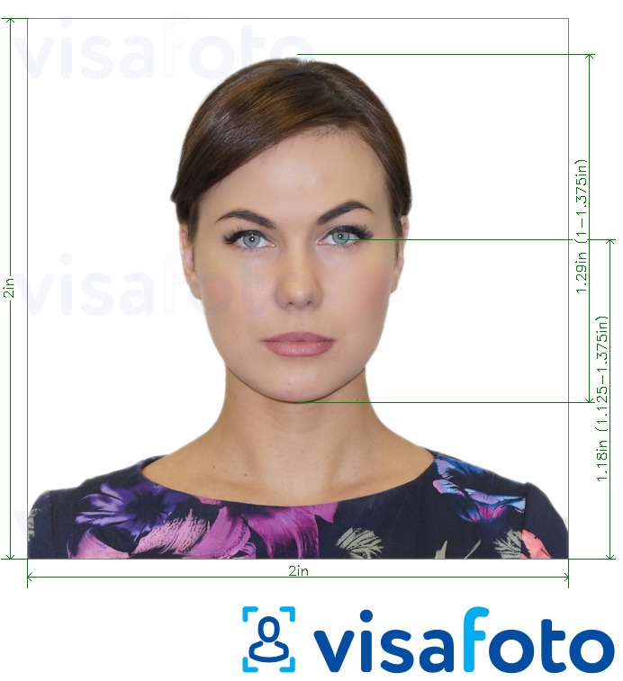 Voorbeeld van foto voor Amerikaanse paspoort kaart 2x2 inch met exacte maatspecificatie