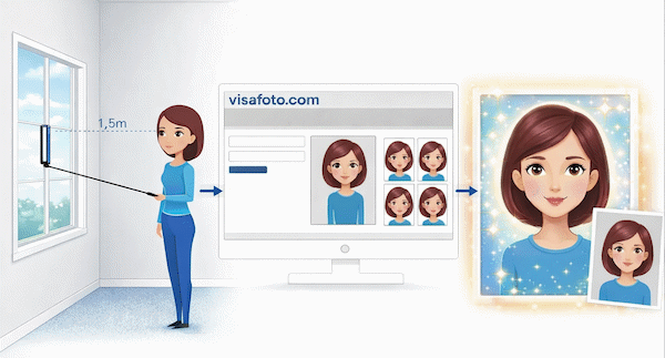 Maak een foto met een smartphone of camera tegen een lichte muur, upload deze hier en ontvang een goede foto voor uw visum, paspoort of ID.